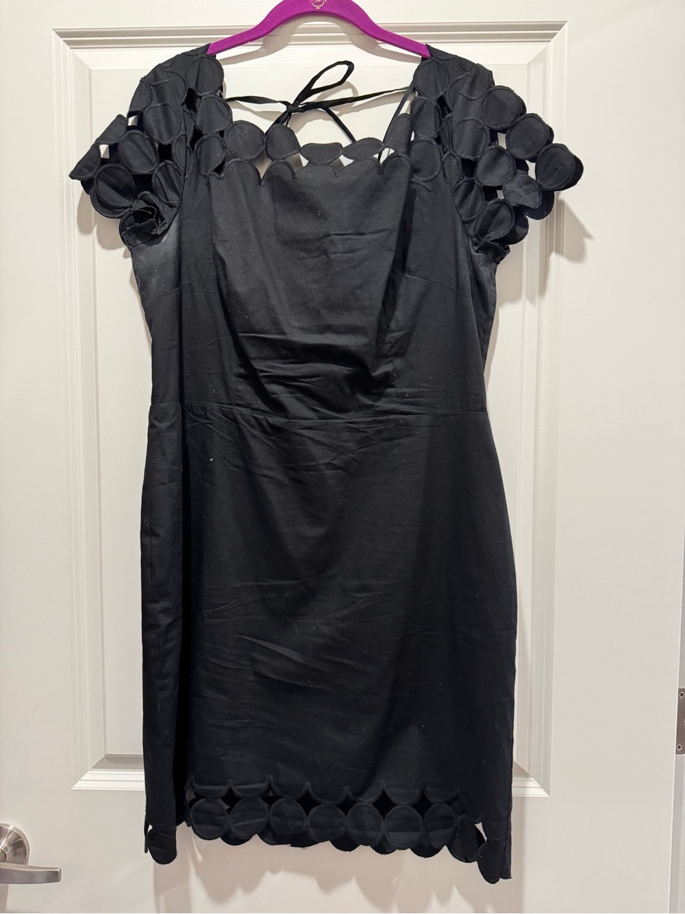 Vince Camuto Black Mini Dress with Circular Cutout Trim and Tie Back